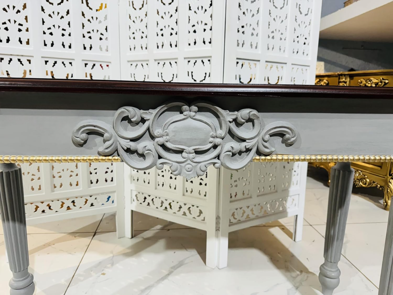Wooden Carved Console Table in Solid Mango Wood with Grey Gold Finish for Living Room, Hall, Entryway, and Office – 48 x 30 x 15 Inches - Image 6