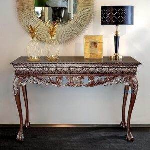 Wooden Carved Console Table in Solid Mango Wood with Glossy Finish for Living Room, Hall, Entryway, Office – 60 x 30 x 15 Inches