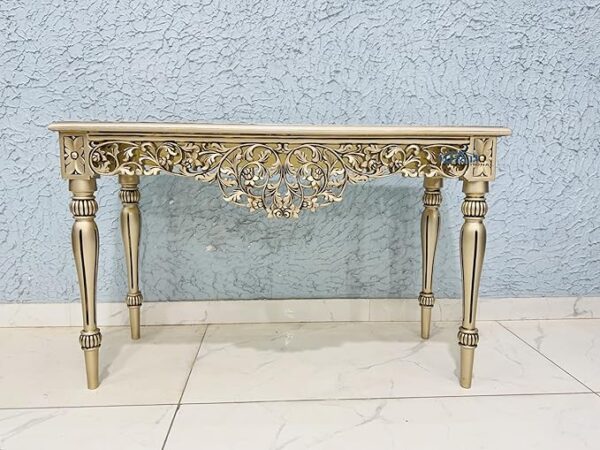 Wooden Carved Console Table in Solid Teak Wood with Antique Champagne Gold Finish for Living Room, Hall, Entryway, Office – 48 x 30 x 15 Inches