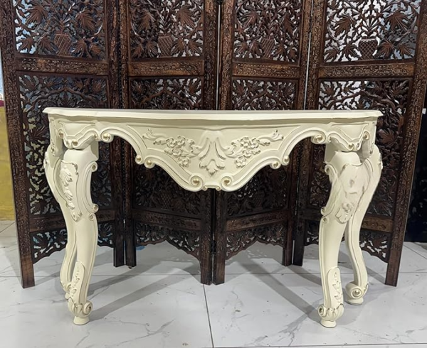 Wooden Carved Console Table in Solid Mango Wood with Duco White Gold Finish for Living Room, Hall, and Entryway - Image 2