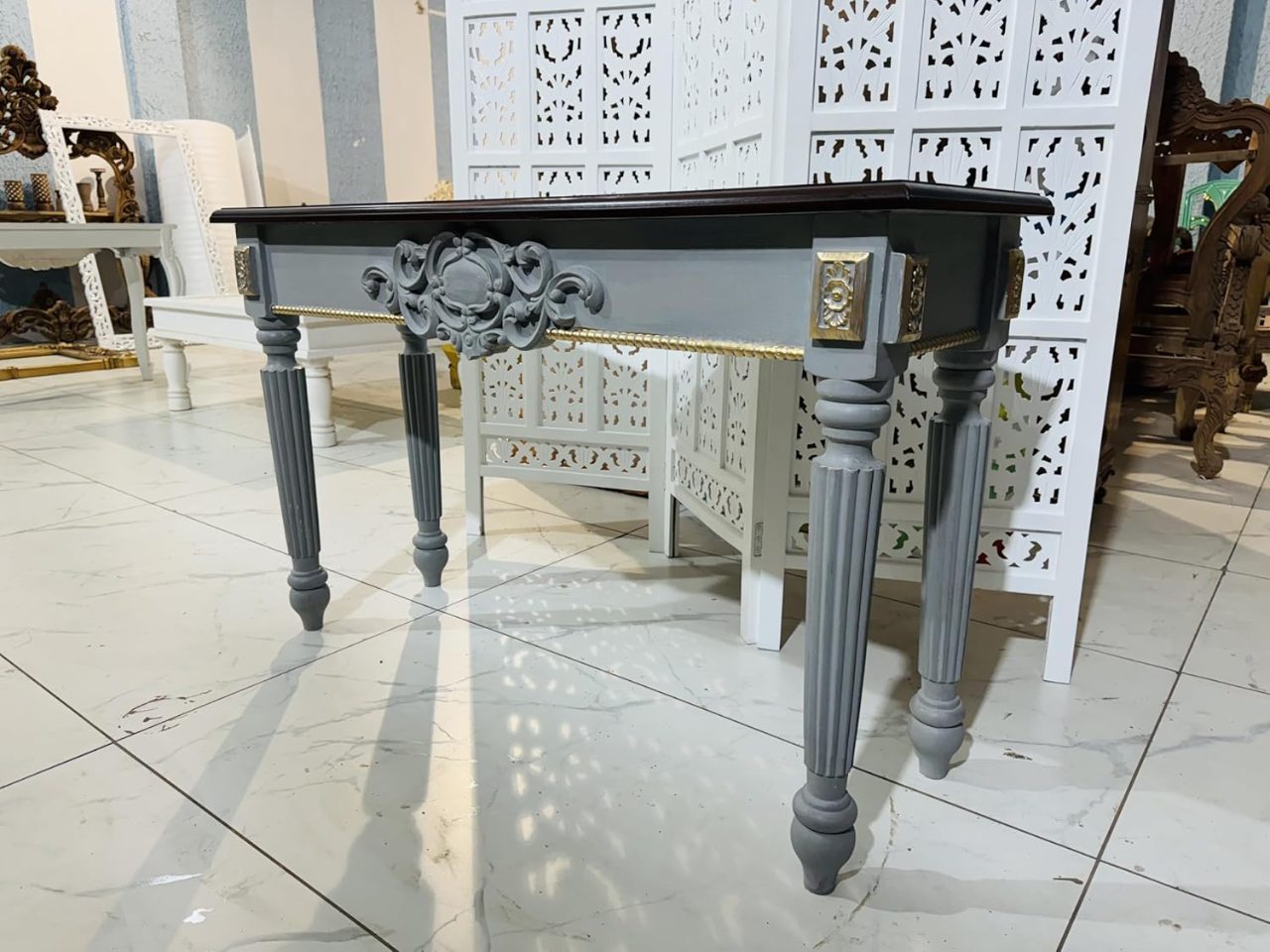 Wooden Carved Console Table in Solid Mango Wood with Grey Gold Finish for Living Room, Hall, Entryway, and Office – 48 x 30 x 15 Inches - Image 3