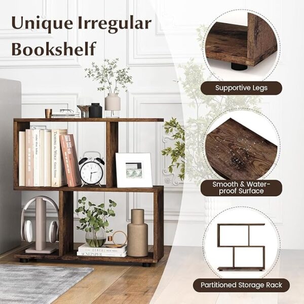 46Treeform 3-Tier Geometric Bookshelf – 24" Tall Solid Wood S-Shaped Display Shelf, Freestanding Nightstand, and Bookcase (Brown) - Image 3