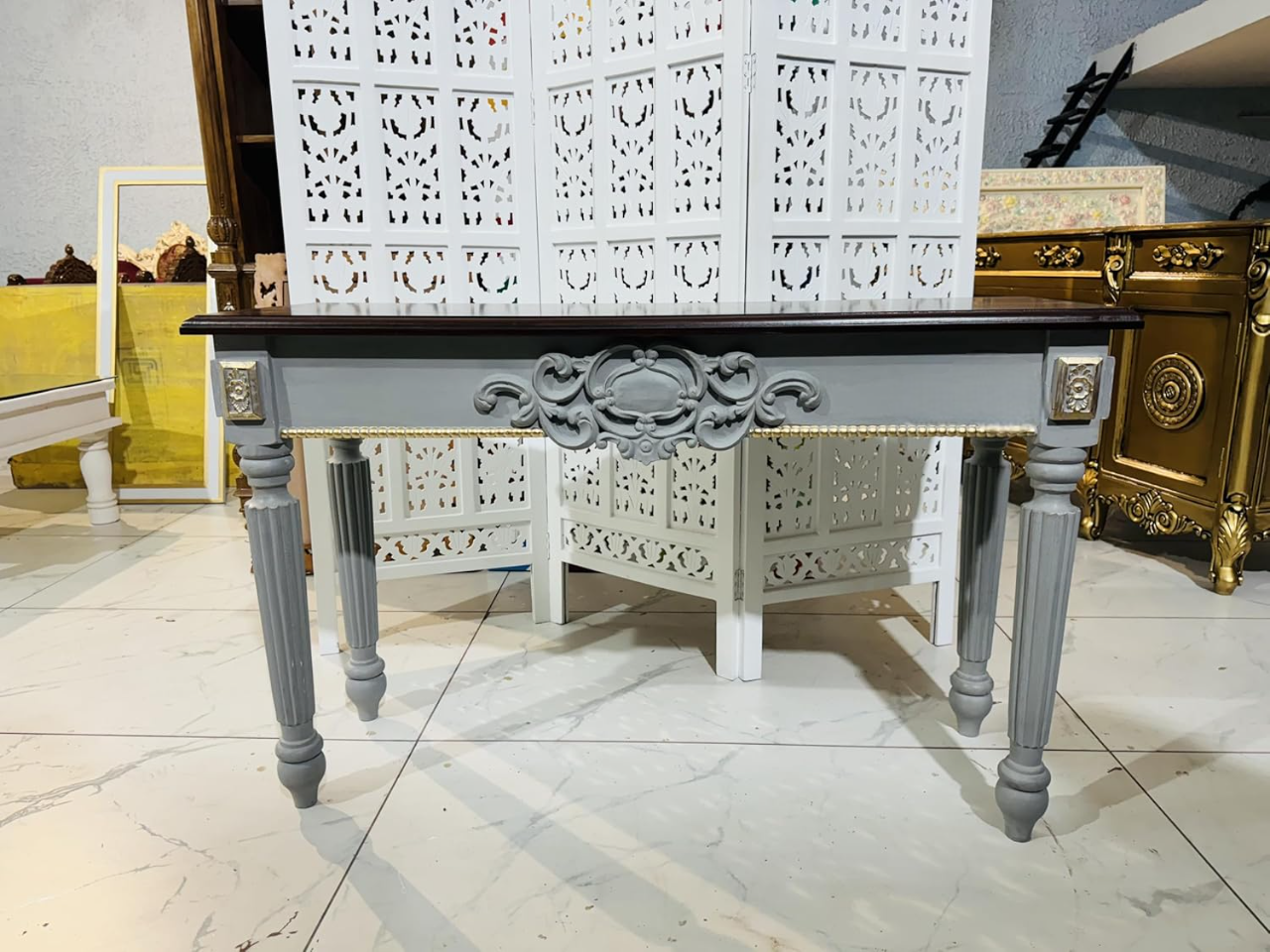 Wooden Carved Console Table in Solid Mango Wood with Grey Gold Finish for Living Room, Hall, Entryway, and Office – 48 x 30 x 15 Inches - Image 5