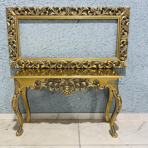 Wooden Carved Console Table with Frame in Solid Mango Wood with PU Finish and Antique Gold for Living Room, Hall, Entryway, Office – 48 x 30 x 15 Inches (Without Mirror)