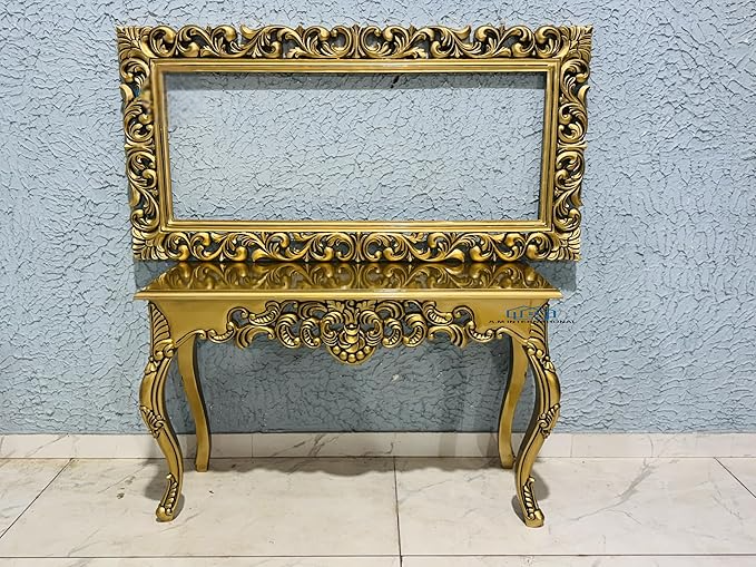 Wooden Carved Console Table with Frame in Solid Mango Wood with PU Finish and Antique Gold for Living Room, Hall, Entryway, Office – 48 x 30 x 15 Inches (Without Mirror)