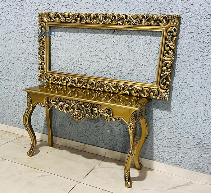 Wooden Carved Console Table with Frame in Solid Mango Wood with PU Finish and Antique Gold for Living Room, Hall, Entryway, Office – 48 x 30 x 15 Inches (Without Mirror) - Image 3