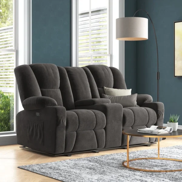 Loveseat Sofa with Heat, Massage, Console, Cup Holders, Fabric Upholstered