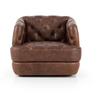 Wide Tufted Genuine Leather Top Grain Leather Swivel Barrel Chair