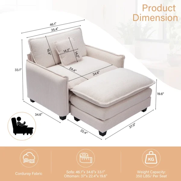 Buy Modern Oversized Chair with Ottoman – Comfy Corduroy Accent Chair for Living Room & Bedroom - Image 2