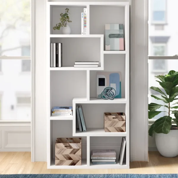 Tello 7-Shelf Geometric Bookcase – Modern Wooden Book Rack - Image 2
