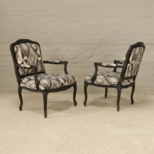 French Arm Chairs in Ethnic fabric in dark walnut shade
