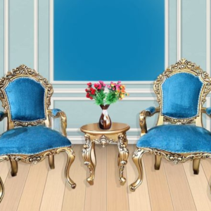 Wooden Handcrafted Antique Gold Bedroom Chairs Set with Stool in Solid Teak Wood