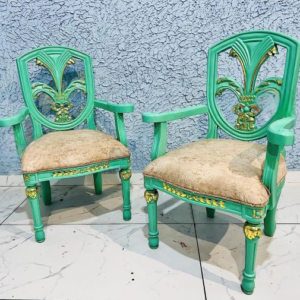 Royal Antique Chairs in Teak Wood with Green Shade Wooden Chair