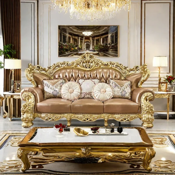 American Solid Wood Carved Luxury Sofa | Premium Leather Sofa for Elegant Living Rooms - Image 2