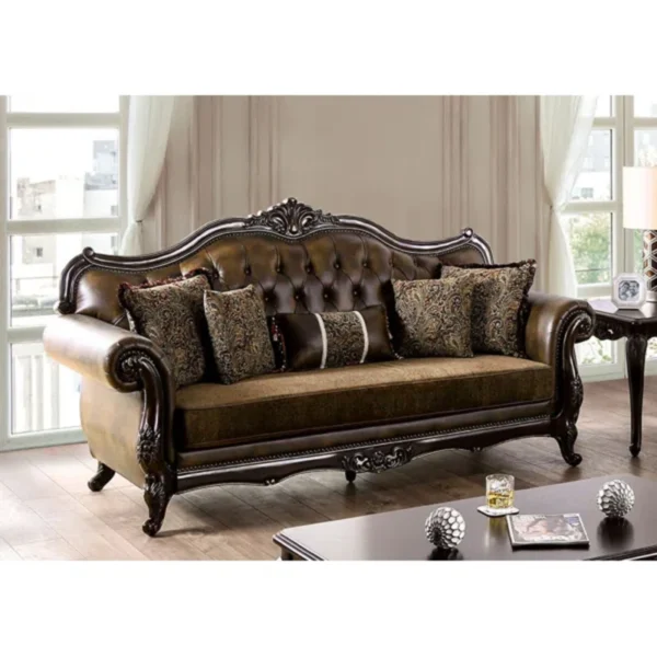 Upholstered Sofa with Carving – Elegant Carved Wood Sofa for Living Room & Home Decor
