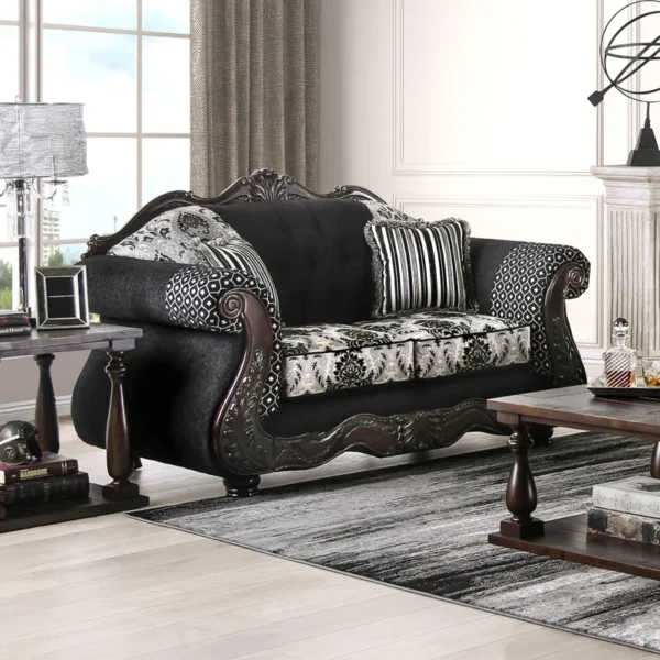 Carving Sofa Set in Black – Upholstered 3-Seater Loveseat for Living Room