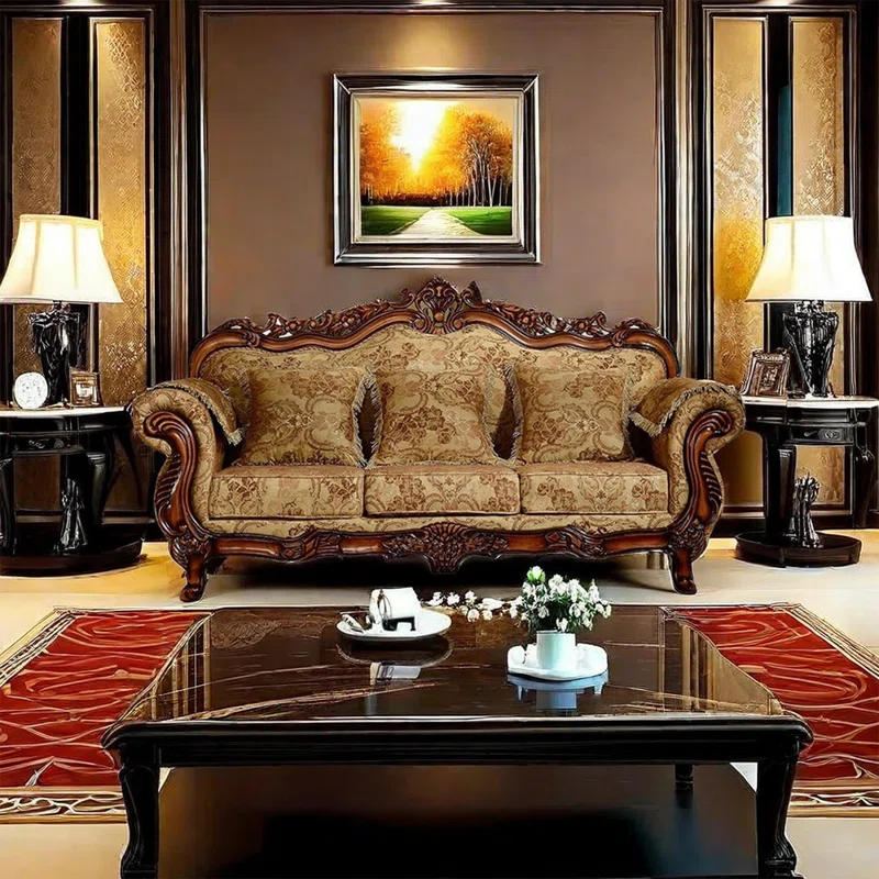 European-Style Living Room Carved Sofa - Elegant Upholstered Sofa for Luxury Home Decor
