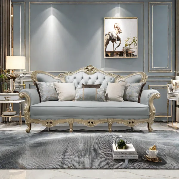 European-Style Solid Wood Carved Sofa 89.7'' - Luxurious Upholstered 3-Seater Sofa for Living Room