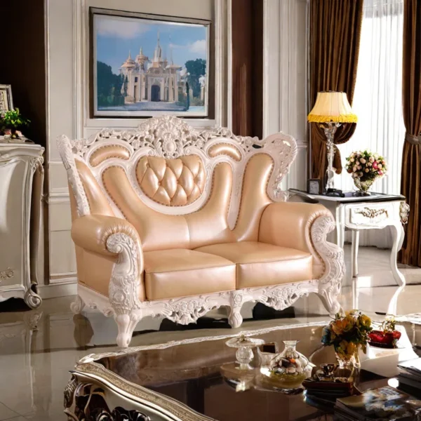 European Style Carved Solid Wood Sofa | Luxurious Leather Loveseat for Elegant Living Rooms - Image 4