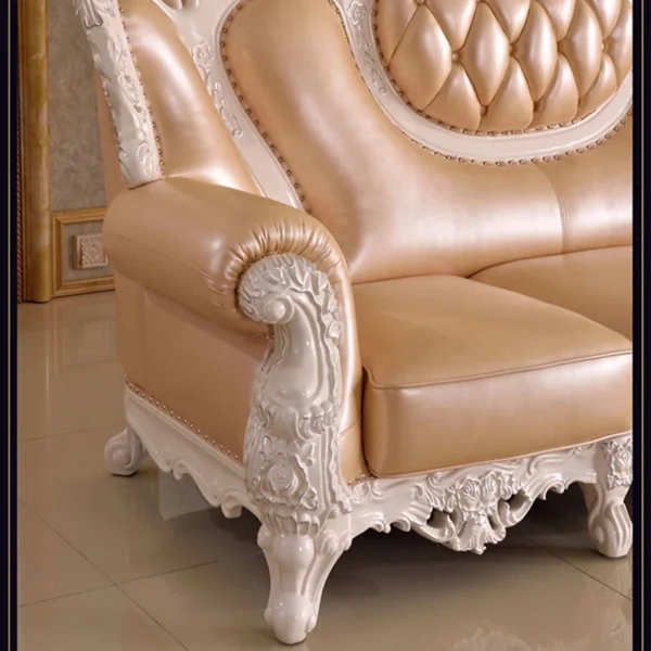 European Style Carved Solid Wood Sofa | Luxurious Leather Loveseat for Elegant Living Rooms - Image 7