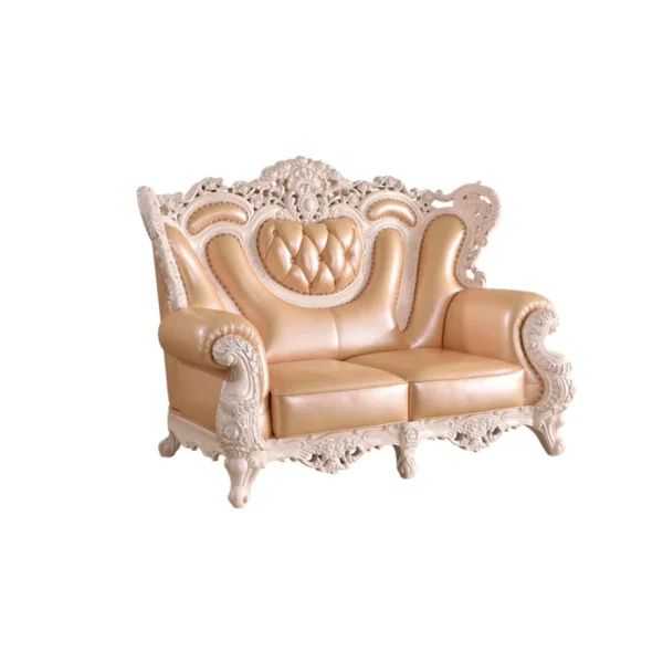 European Style Carved Solid Wood Sofa | Luxurious Leather Loveseat for Elegant Living Rooms
