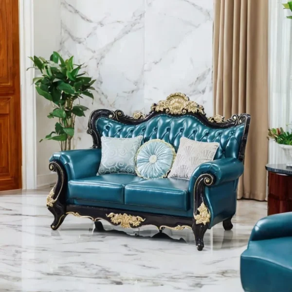 European Style Leather Solid Wood Carving Sofa 70.8" – Luxury Leather Loveseat for Living Room & Home Decor
