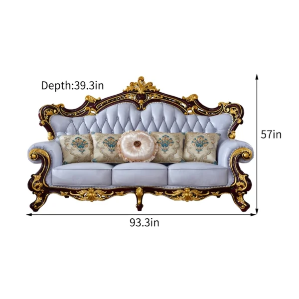 European Style Living Room Solid Wood Carved Sofa 93.3'' - Luxury Leather Sofa for Timeless Elegance - Image 4
