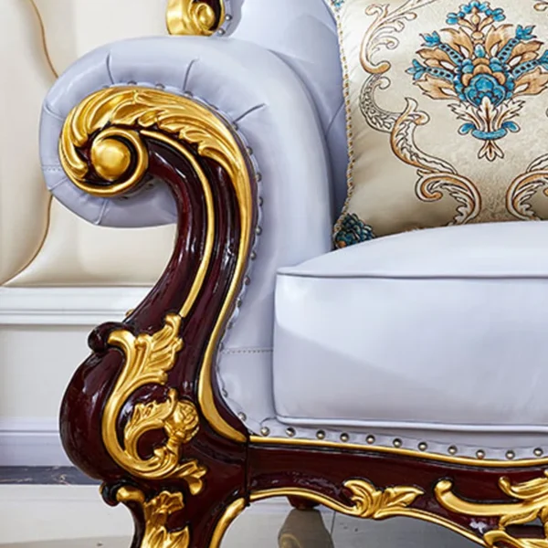 European Style Living Room Solid Wood Carved Sofa 93.3'' - Luxury Leather Sofa for Timeless Elegance - Image 5