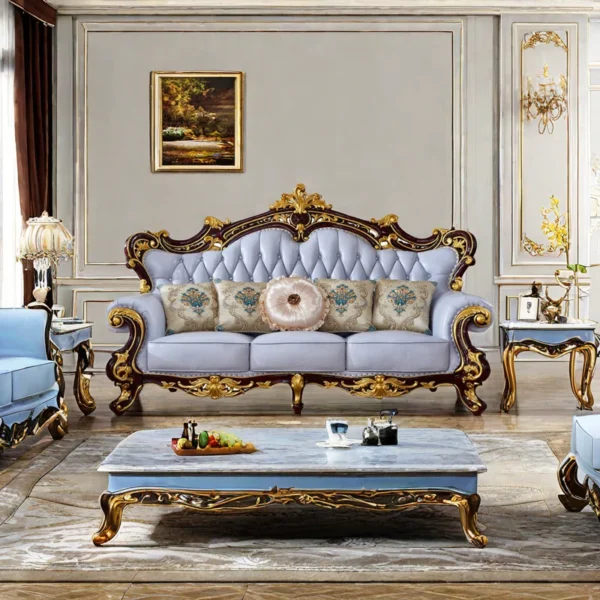 European Style Living Room Solid Wood Carved Sofa 93.3'' - Luxury Leather Sofa for Timeless Elegance