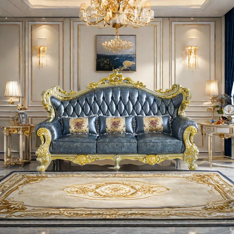 European Style Luxury Carved Solid Wood Sofa 94.49'' | Elegant Upholstered Sofa for Your Living Room