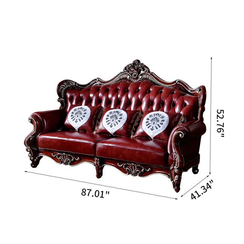 European Style Oak Carving Sofa 87.01" – Luxury Leather Sofa for Living Room & Home Decor - Image 3
