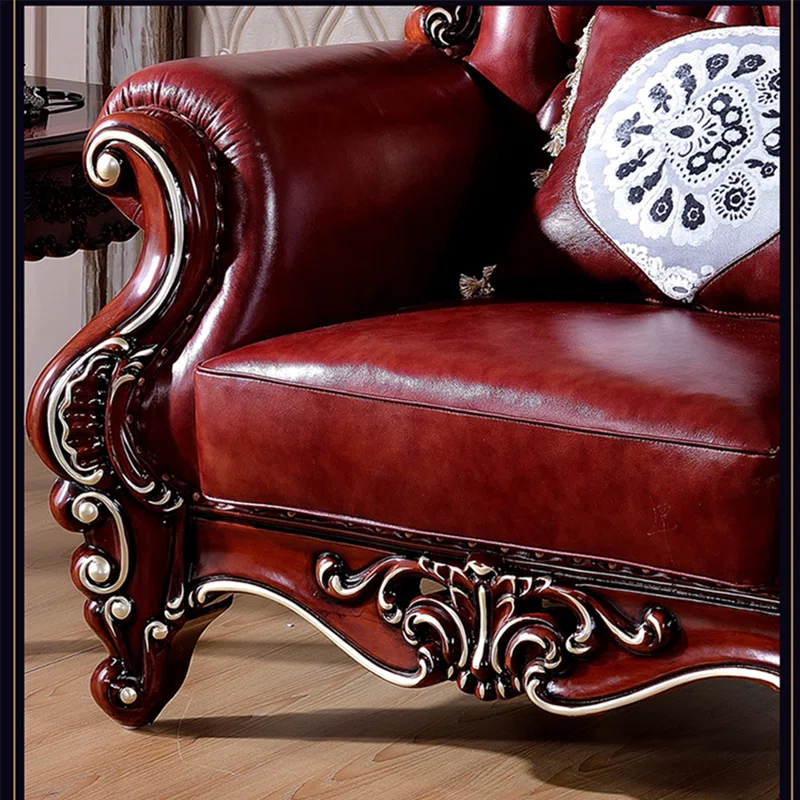 European Style Oak Carving Sofa 87.01" – Luxury Leather Sofa for Living Room & Home Decor - Image 4