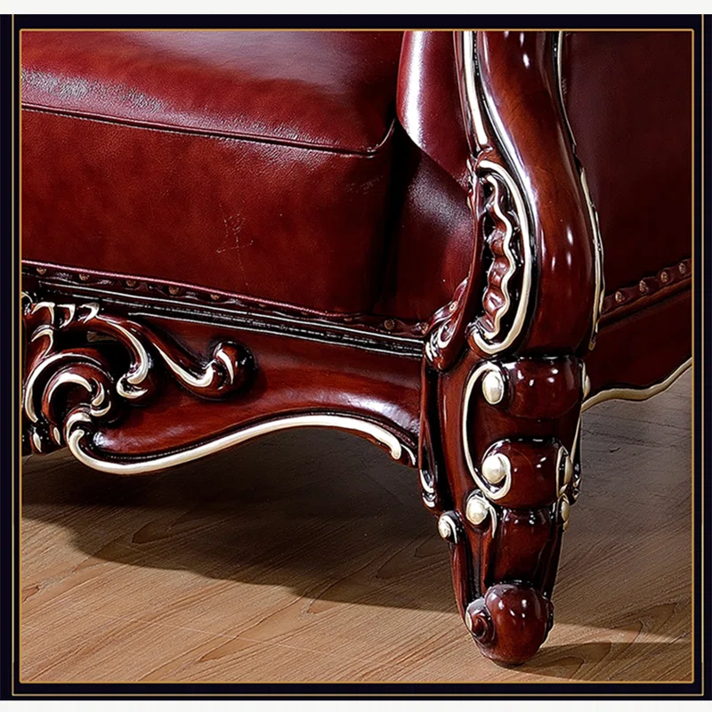European Style Oak Carving Sofa 87.01" – Luxury Leather Sofa for Living Room & Home Decor - Image 5