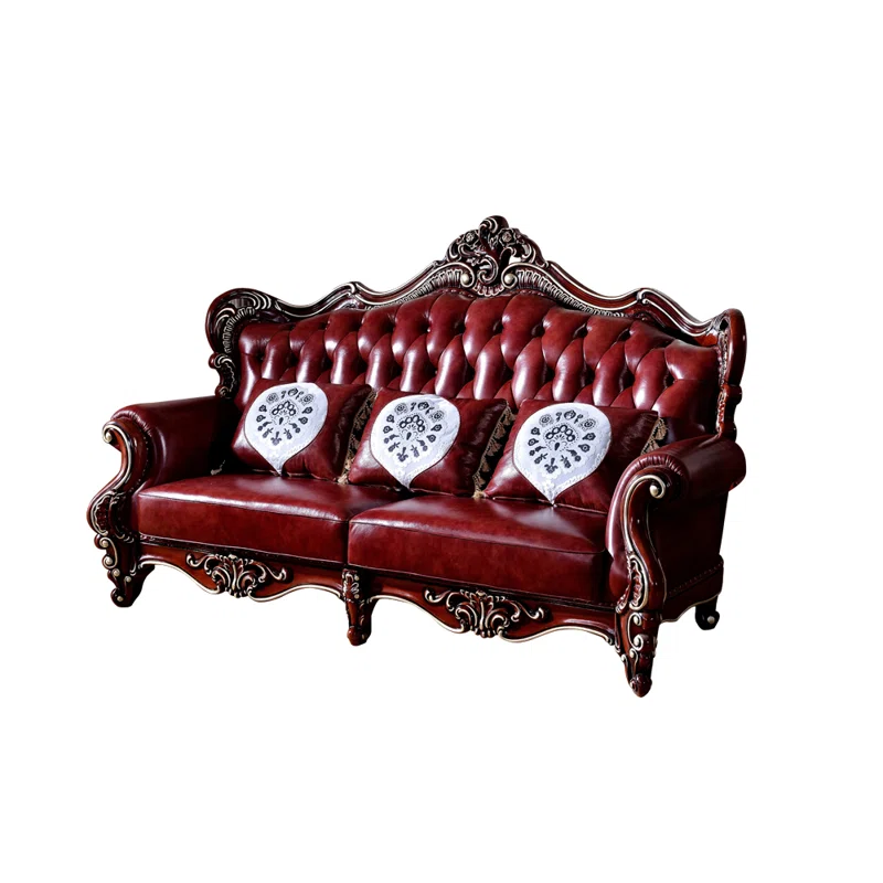 European Style Oak Carving Sofa 87.01" – Luxury Leather Sofa for Living Room & Home Decor