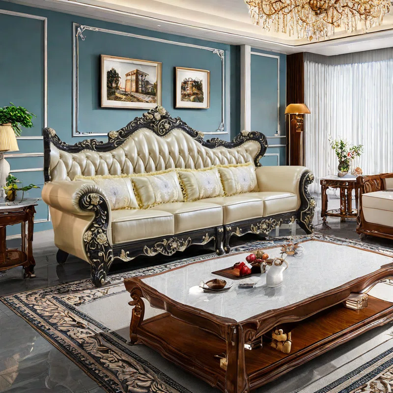 European Style Solid Wood Carved Sofa 116.1" – Luxury Leather Sofa for Living Room & Home Decor - Image 2
