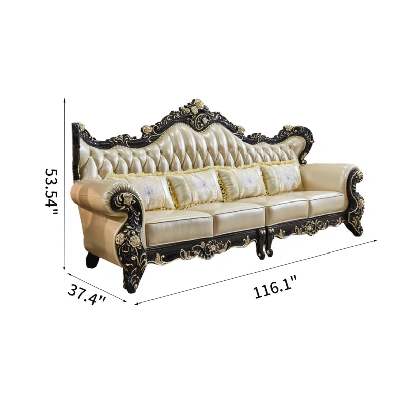 European Style Solid Wood Carved Sofa 116.1" – Luxury Leather Sofa for Living Room & Home Decor - Image 3