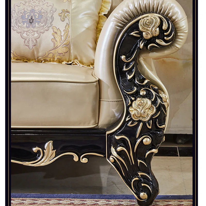 European Style Solid Wood Carved Sofa 116.1" – Luxury Leather Sofa for Living Room & Home Decor - Image 4