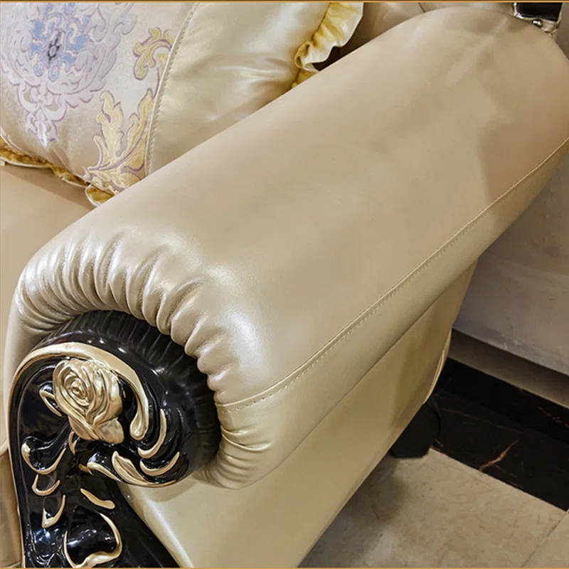 European Style Solid Wood Carved Sofa 116.1" – Luxury Leather Sofa for Living Room & Home Decor - Image 5