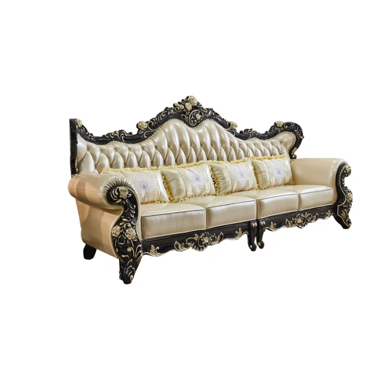 European Style Solid Wood Carved Sofa 116.1" – Luxury Leather Sofa for Living Room & Home Decor