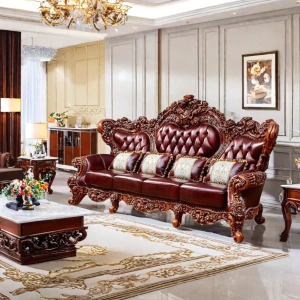 European Style Solid Wood Carved Sofa - Luxurious Upholstered Sofa for Living Room & Home Decor