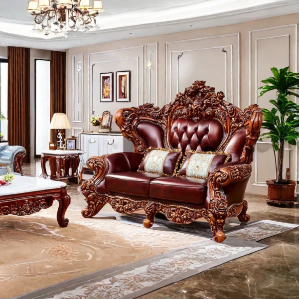 European Style Solid Wood Carved Sofa Upholstered Loveseat | Luxury & Comfort for Your Living Room - Image 2