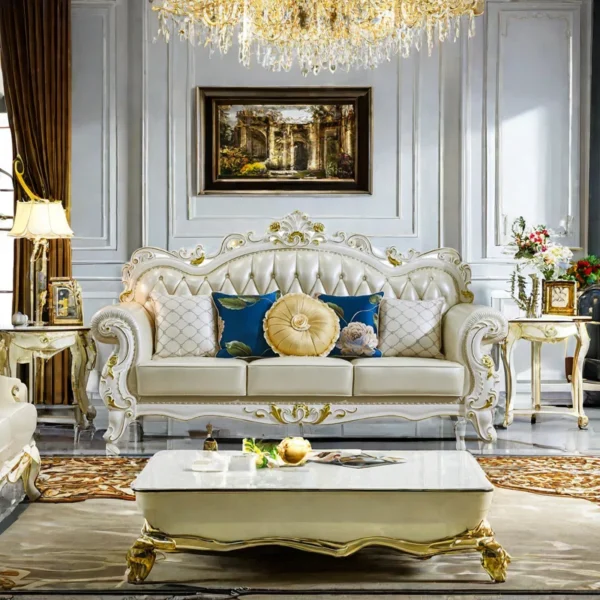 European Style Solid Wood Carved Sofa Leather Sofa | Luxury & Comfort for Your Home - Image 2