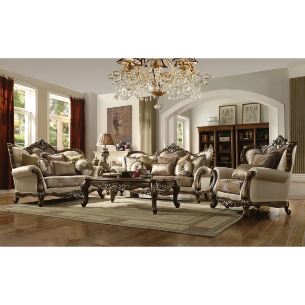 Carved Rolled Arm Sofa in Tan and Antique Oak – Luxury Upholstered Sofa for Living Room & Home Decor - Image 4