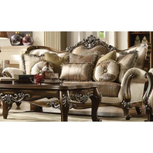 Carved Rolled Arm Sofa in Tan and Antique Oak – Luxury Upholstered Sofa for Living Room & Home Decor