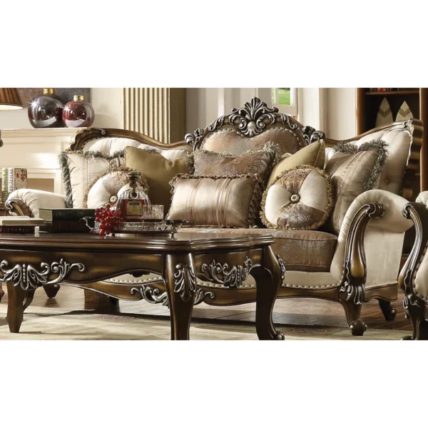 Carved Rolled Arm Sofa in Tan and Antique Oak – Luxury Upholstered Sofa for Living Room & Home Decor