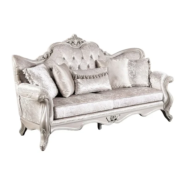 Paulo Sofa - Off Fabric Upholstered Sofa with Carved Details & Solid Wood Frame, White - Image 2