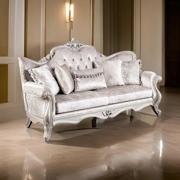 Paulo Sofa - Off Fabric Upholstered Sofa with Carved Details & Solid Wood Frame, White