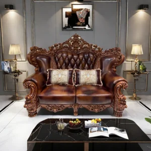 Solid Wood Double-sided Carved American Sofa 82.68" – Leather Loveseat for Living Room & Home Decor