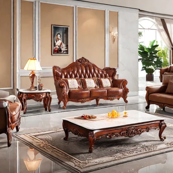 Solid Wood Double-sided Carved Sofa 90.55" Leather Sofa for Living Room & Home Decor - Image 6