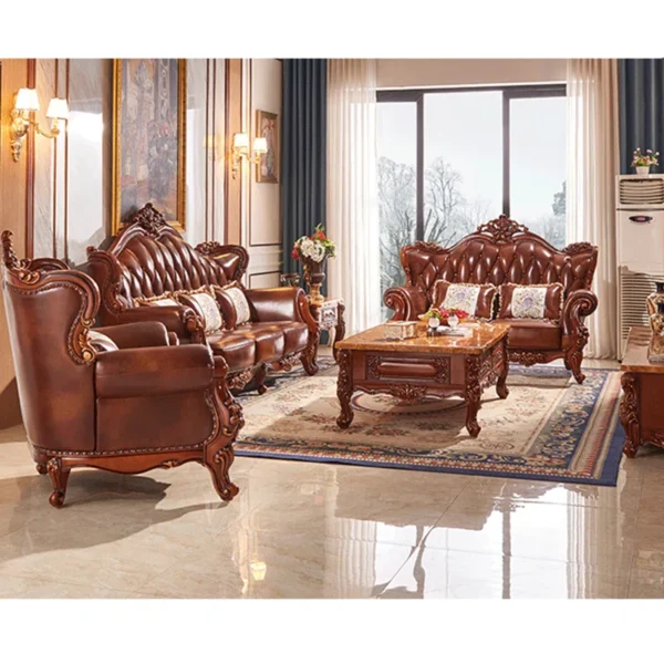 Solid Wood Double-sided Carved Sofa 90.55" Leather Sofa for Living Room & Home Decor - Image 2